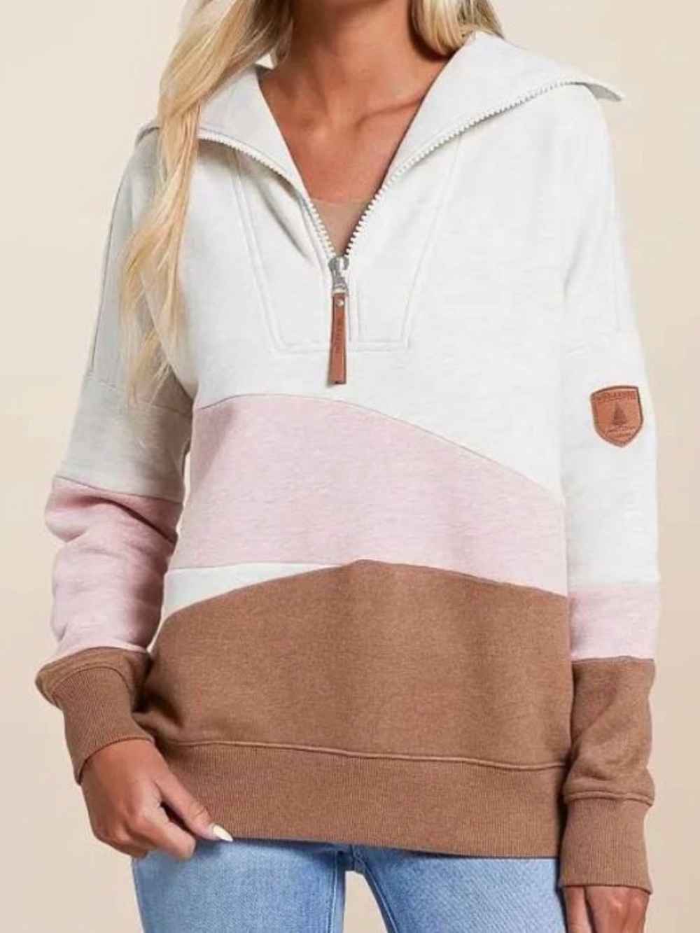 Wanakome Eevie Quarter Zip Colorblock Pullover In Oatwood Medium Pink Cream
